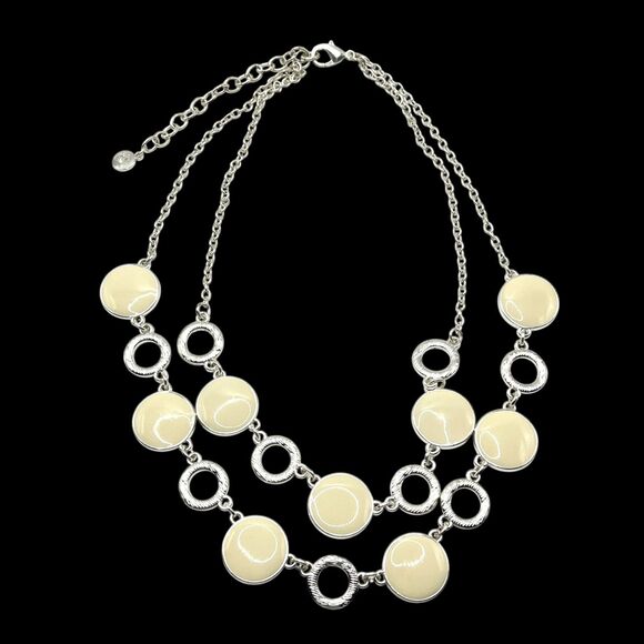 Gloria Vanderbilt Necklace Cream Enameled Circles Layered Silver Tone Statment - Picture 5 of 5